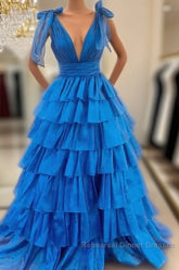 V-Neck Long Semi Formal Prom Dress With Ruffle Skirt